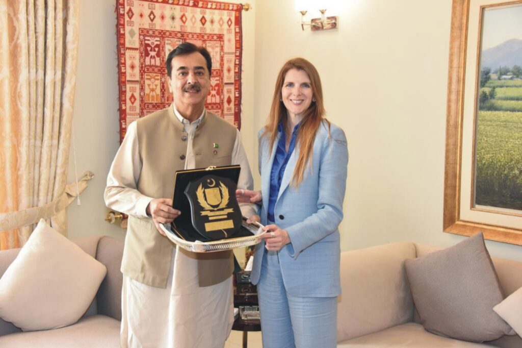 British High Commissioner Jane Marriott meeting with Chairman Senate Syed Yousaf Raza Gilani at his official residence in Islamabad.