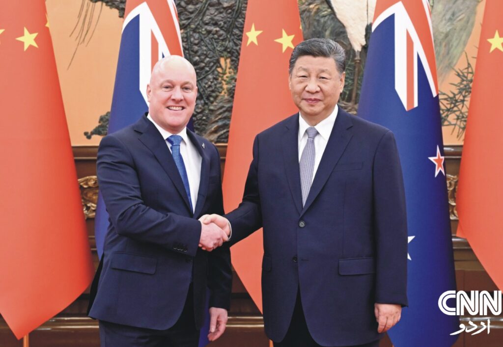 President Xi Jinping shaking hands with New Zealand Prime Minister Christopher Luxon during an official meeting in Beijing, China