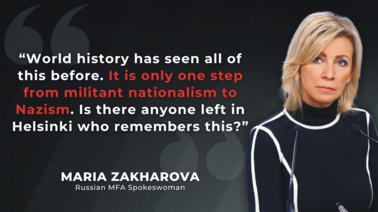 Maria Zakharova addressing the media at a Russian Foreign Ministry briefing, criticizing Finland's property ban targeting Russians and Belarusians