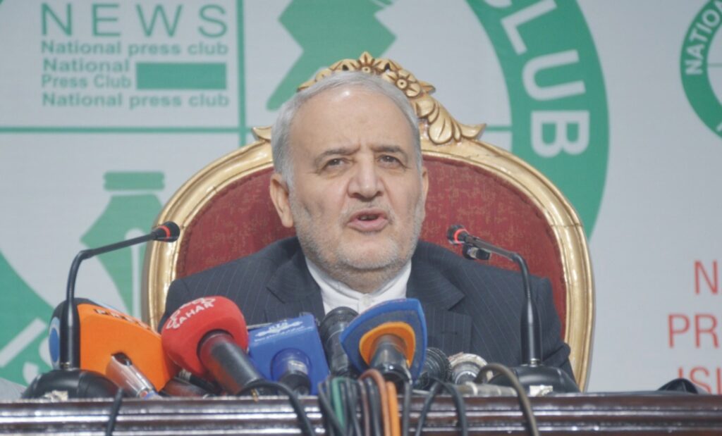 Iranian Ambassador Reza Amiri Moghaddam speaking at a press conference in Islamabad, addressing US and Israeli attacks on Iran's nuclear sites.