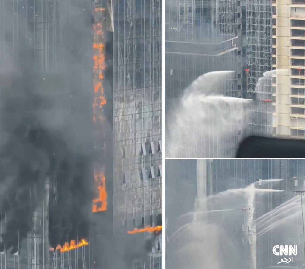 Firefighting drones respond during high-rise drill at a 151-meter building in Shenzhen, China