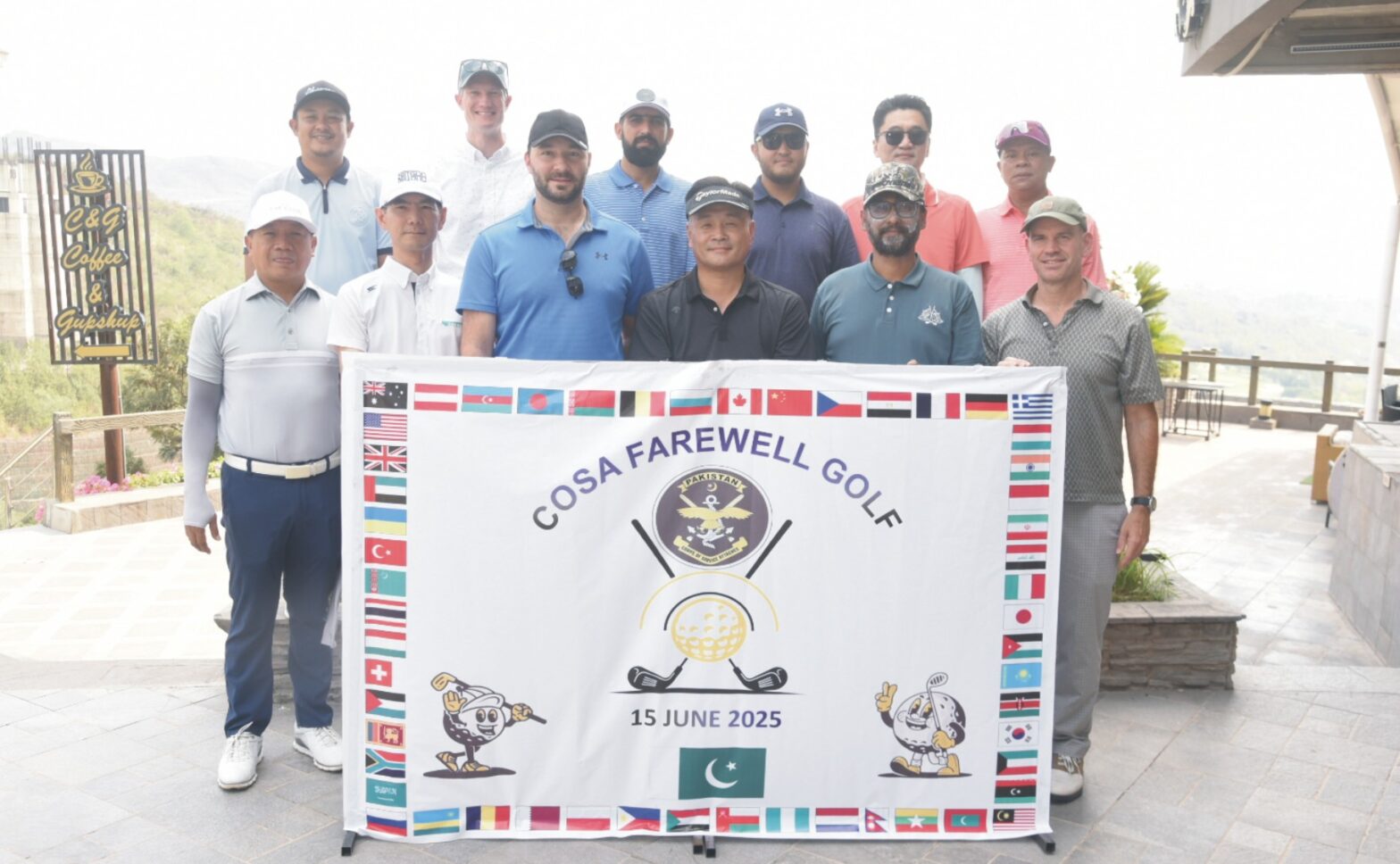 Group photo of Defence Attachés and diplomats at COSA-hosted farewell golf event in Islamabad