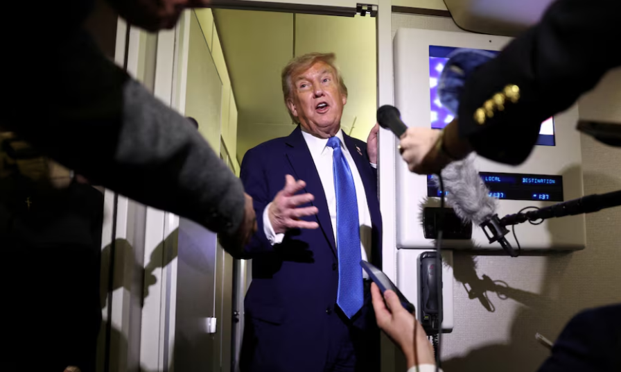 Former U.S. President Donald Trump speaking to reporters aboard Air Force One regarding the Iran-Israel conflict.