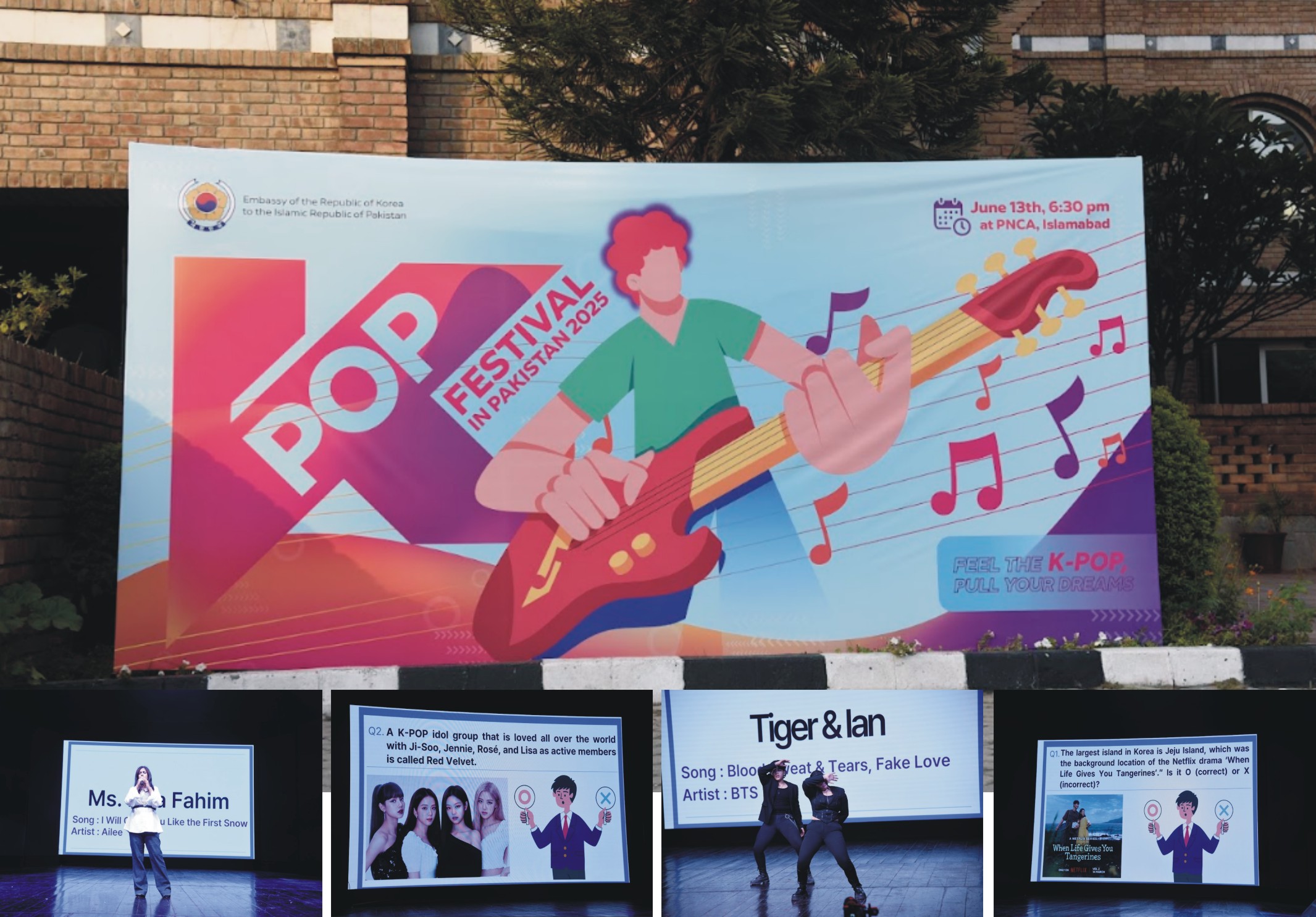 Young Pakistani performers and audience celebrating at the 2025 K-POP Festival hosted by the Korean Embassy in Islamabad.