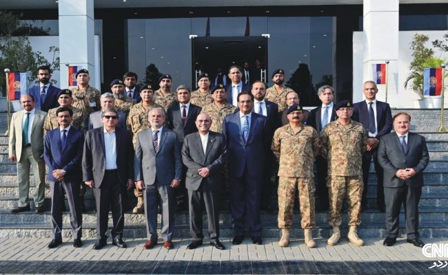 President Asif Ali Zardari being briefed at POF Wah during his visit, joined by Federal Minister for Defense Production and senior officials