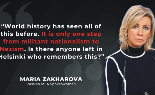 Maria Zakharova addressing the media at a Russian Foreign Ministry briefing, criticizing Finland's property ban targeting Russians and Belarusians