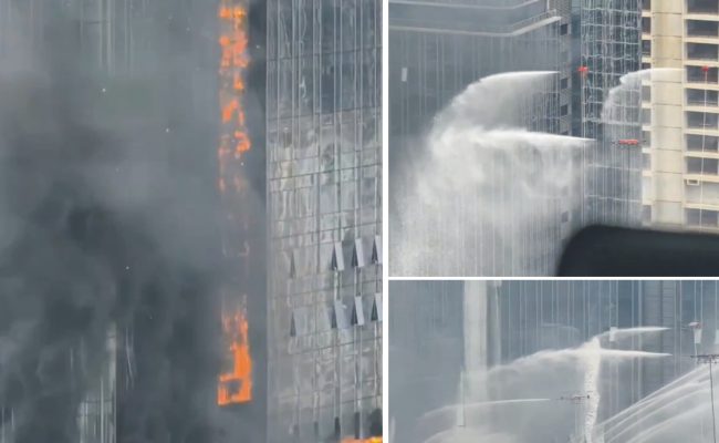Firefighting drones respond during high-rise drill at a 151-meter building in Shenzhen, China