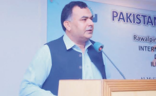 Chief Guest Adv. Malik Sajjad Hussain calls for a complete ban on drug production during a ceremony marking the International Day Against Drug Abuse in Taxila.