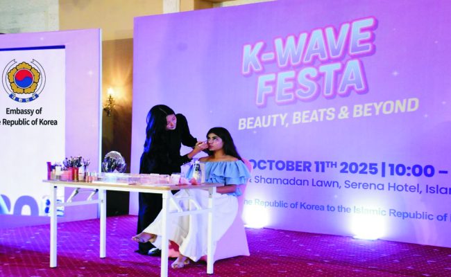 A vibrant cultural event at Serena Hotel Islamabad showcasing Korean beauty, music, and dance — guests enjoying K-Beauty sessions, K-Dance workshops, Hanbok dress-up, and Korean food stalls.
