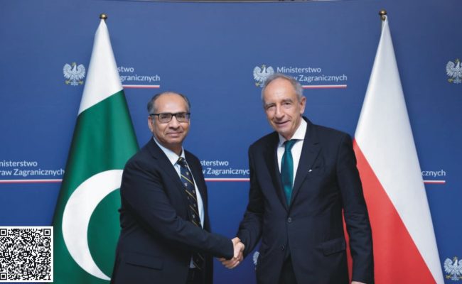 Pakistani and Polish officials during the 9th round of bilateral political consultations held in Warsaw on July 4, 2025.